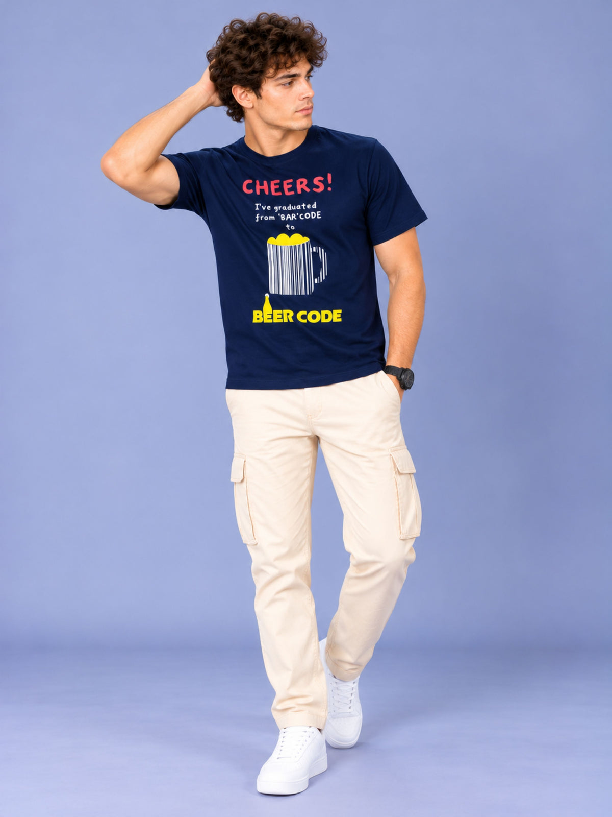 OFFBEAT Cheers!I've Graduated From 'Bar' Code To Beer Code - Navy Blue t-shirt, lifestyle view