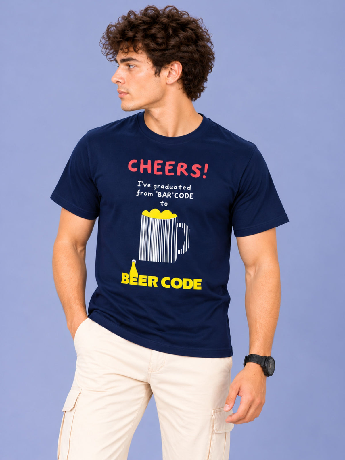 OFFBEAT Cheers!I've Graduated From 'Bar' Code To Beer Code - Navy Blue t-shirt, right view