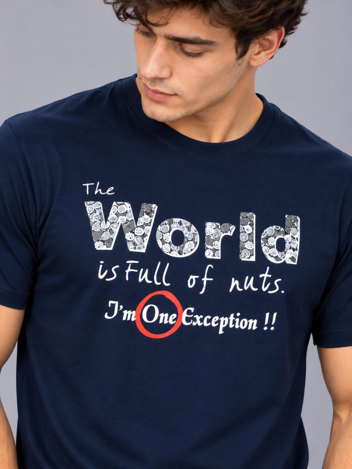 OFFBEAT The World Is Full Of Nuts I'm One Exception!! - Navy Blue t-shirt, focused view