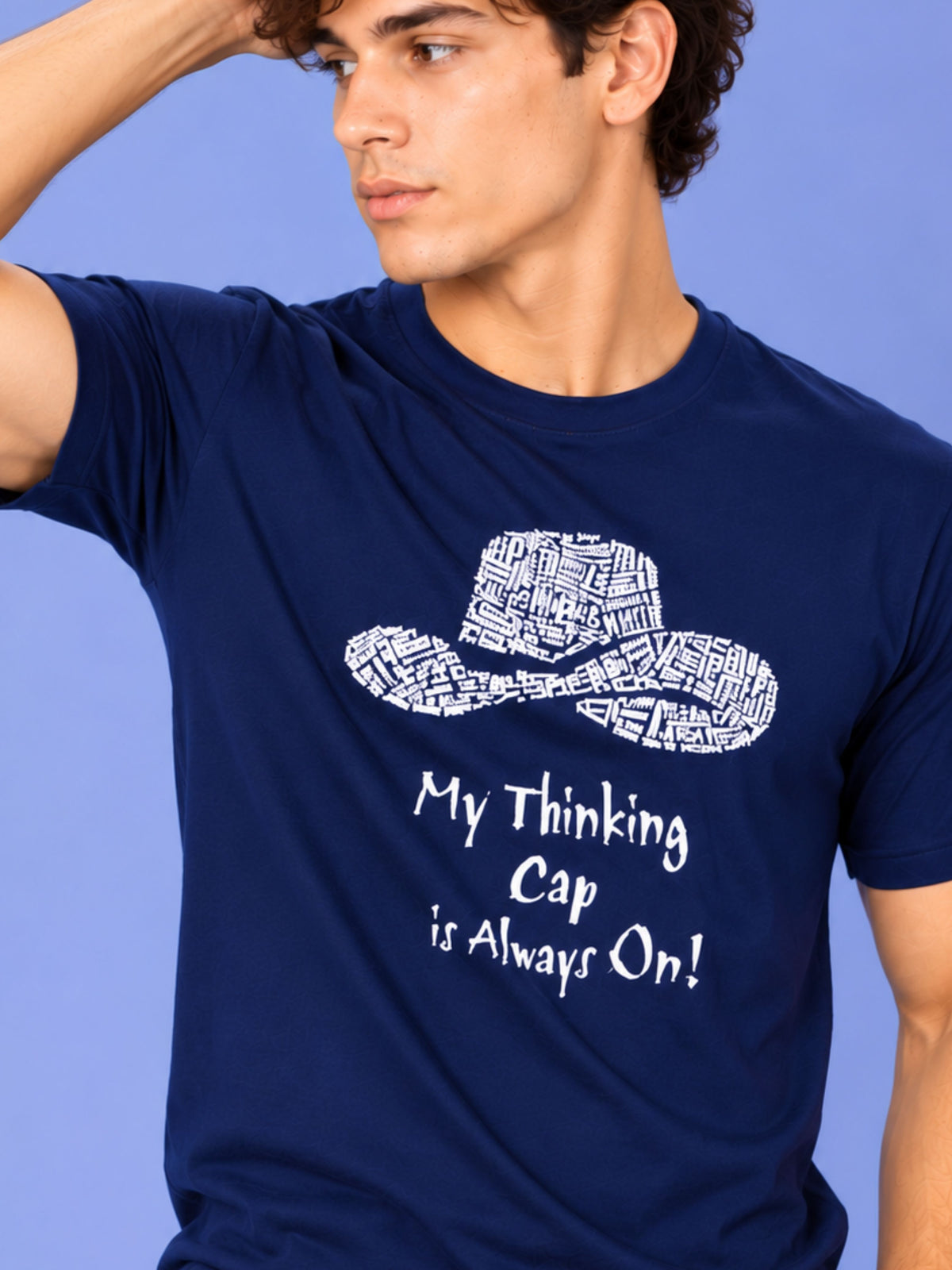 OFFBEAT My Thinking Cap Is Always On - Navy Blue t-shirt, focused view