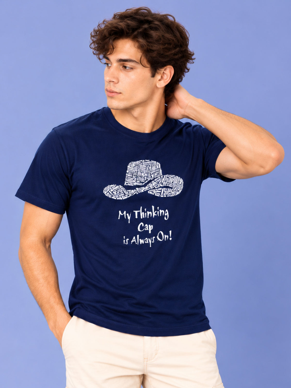 OFFBEAT My Thinking Cap Is Always On - Navy Blue t-shirt, front view