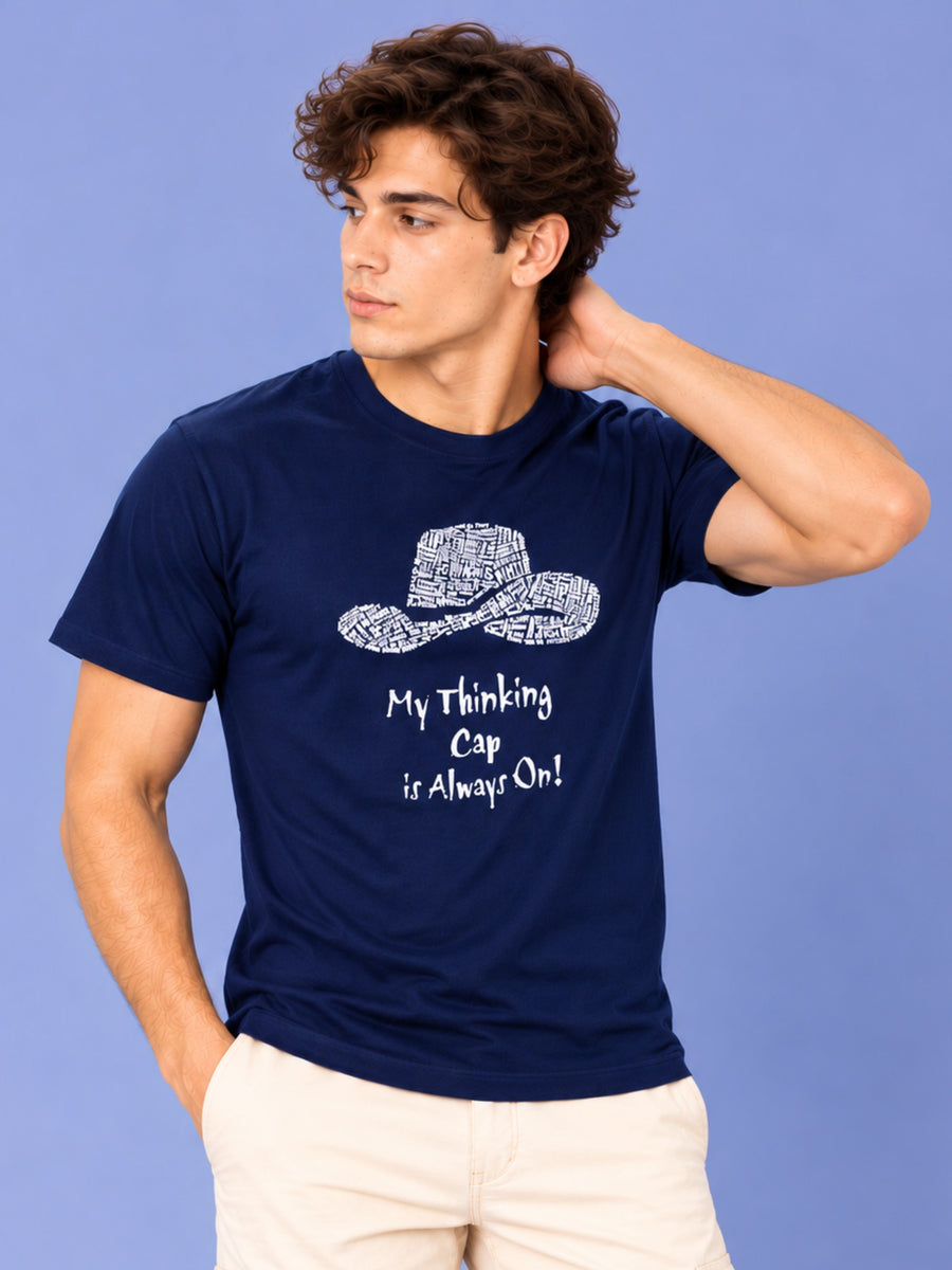 OFFBEAT My Thinking Cap Is Always On - Navy Blue t-shirt, front view