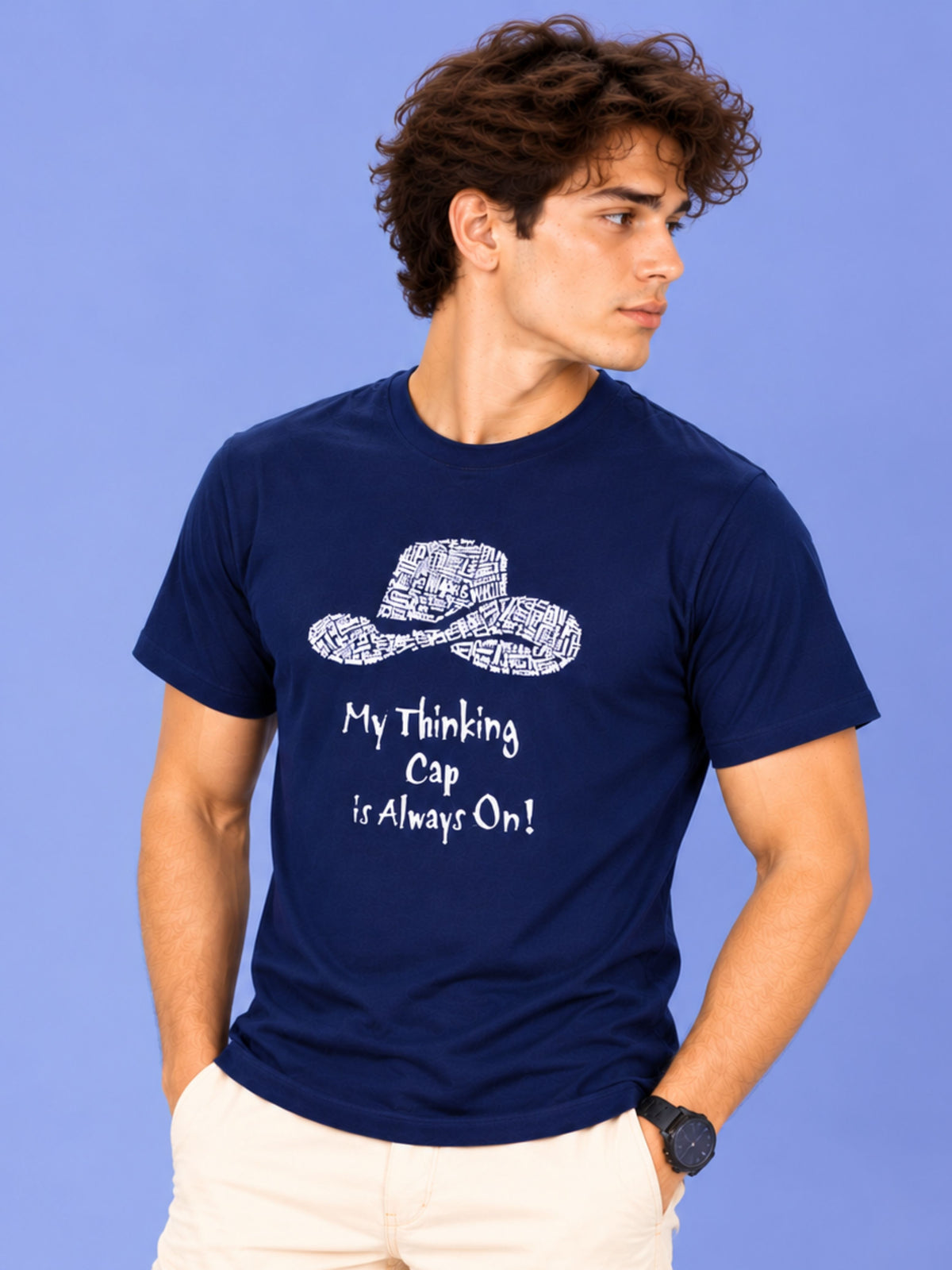 OFFBEAT My Thinking Cap Is Always On - Navy Blue t-shirt, left view