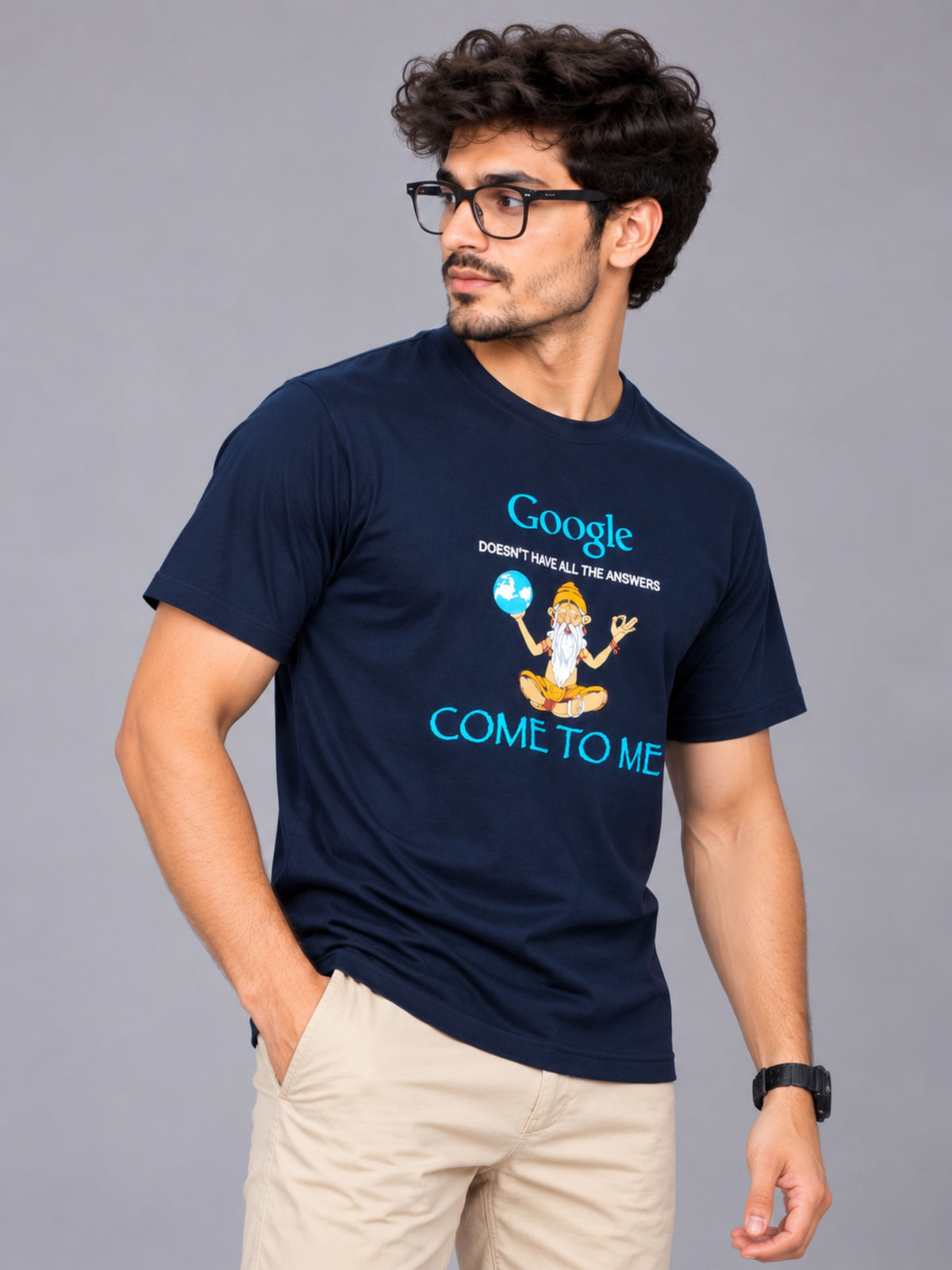 OFFBEAT Google Doesn't Have All The Answers Come To Me - Navy Blue t-shirt, right view