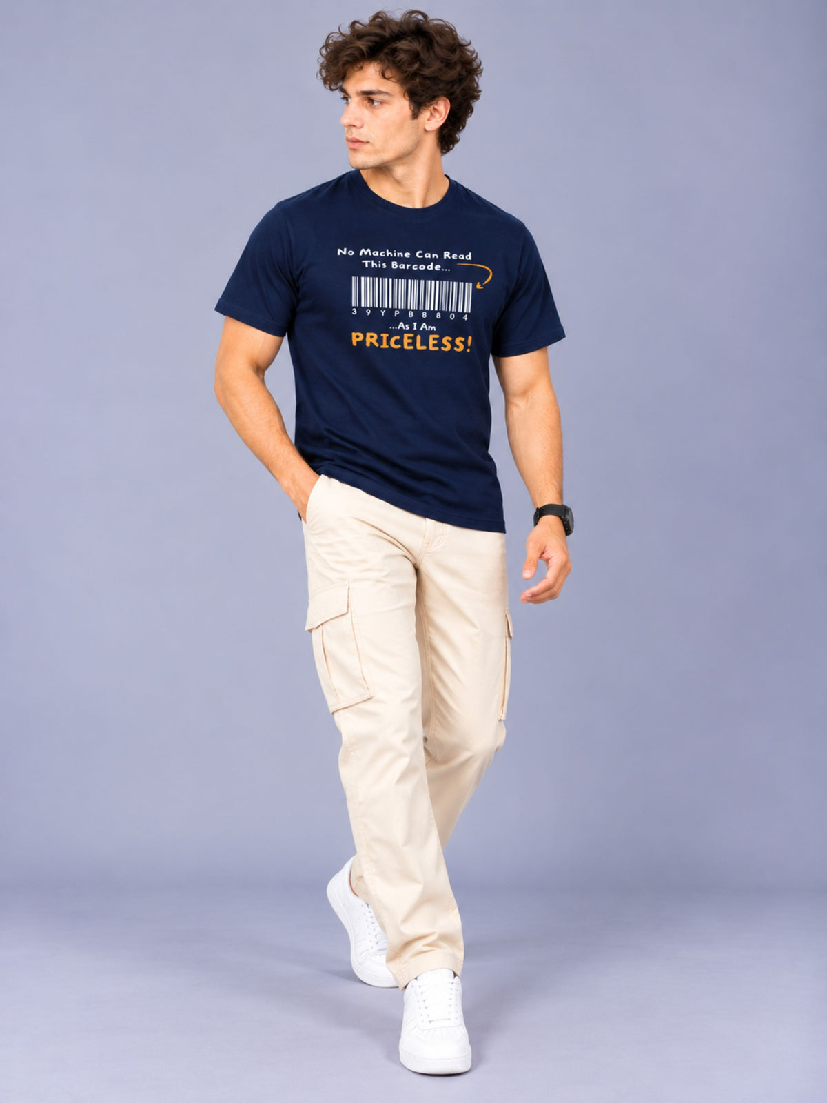 OFFBEAT No Machine Can Read This Barcode As I Am Priceless! - Navy Blue t-shirt, lifestyle view