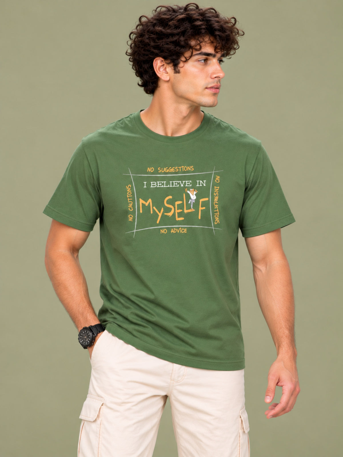 OFFBEAT No Cautions,No Suggestions,No Instructions No Advice. I Believe In Myself - Olive Green t-shirt, left view