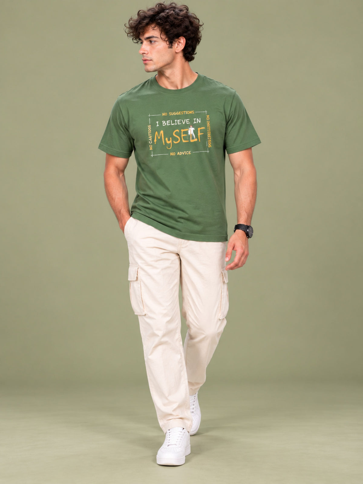 OFFBEAT No Cautions,No Suggestions,No Instructions No Advice. I Believe In Myself - Olive Green t-shirt, lifestyle view