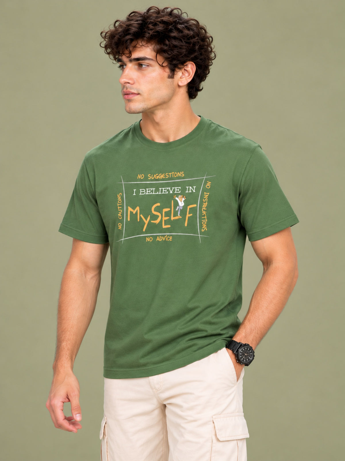 OFFBEAT No Cautions,No Suggestions,No Instructions No Advice. I Believe In Myself - Olive Green t-shirt, right view