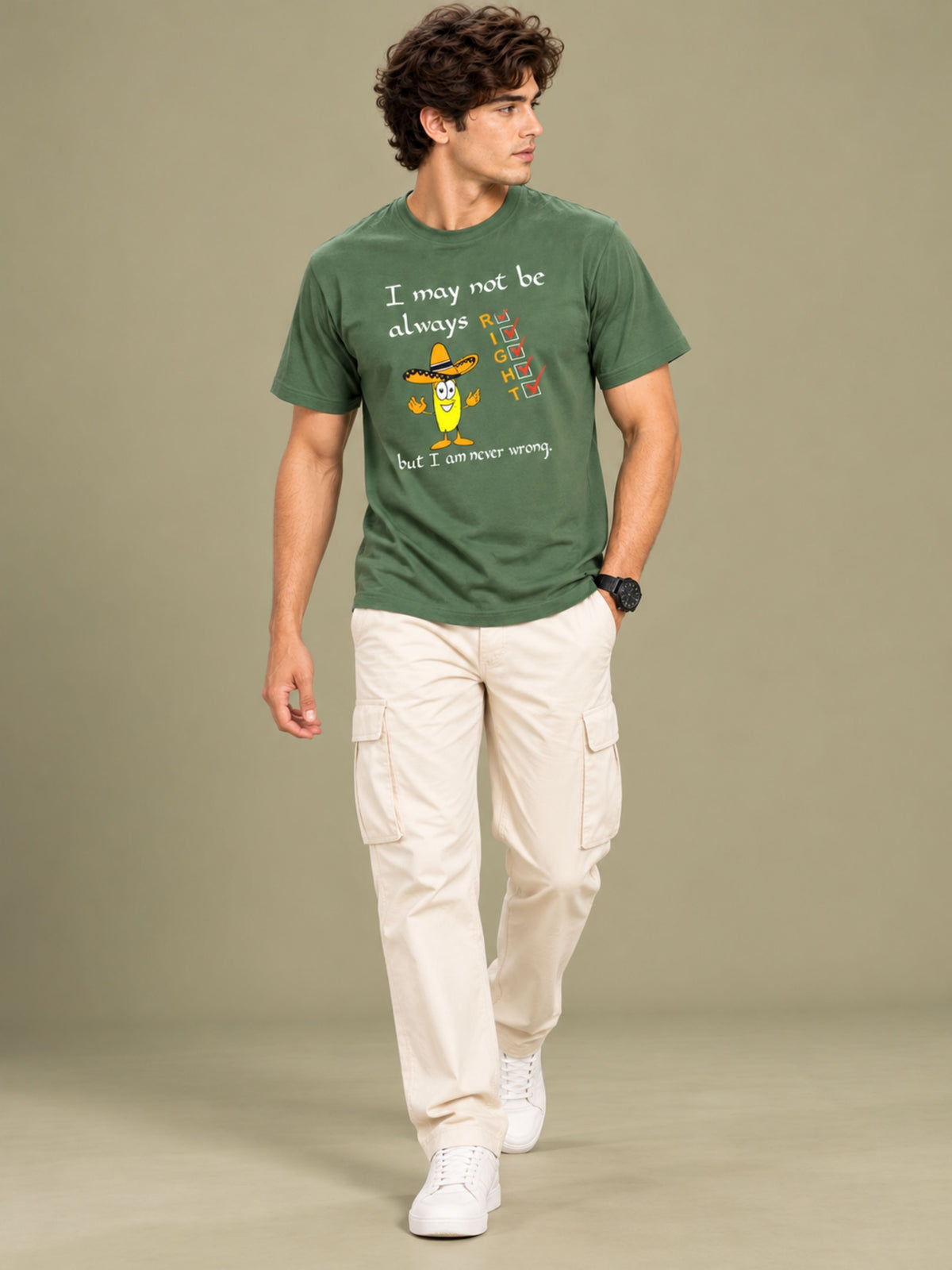 OFFBEAT I May Not Be Always Right But I Am Never Wrong - Olive Green t-shirt, lifestyle view
