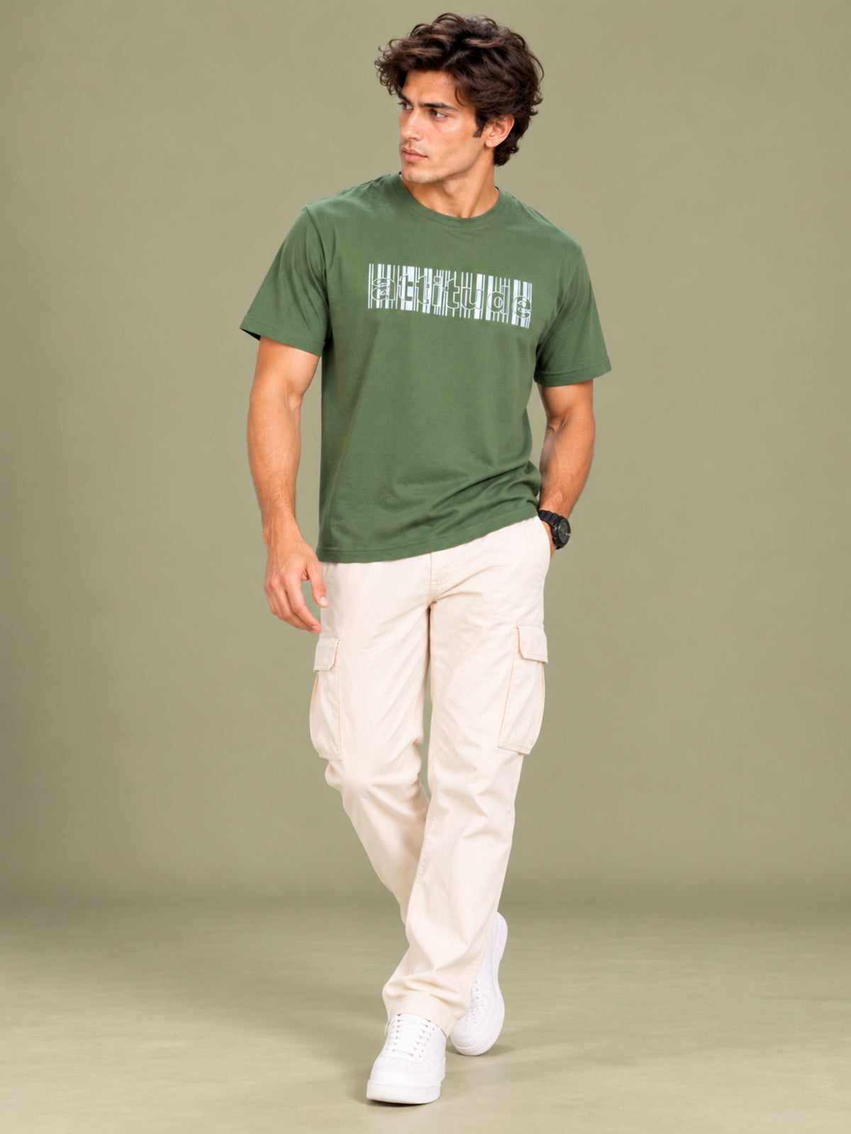 OFFBEAT Attitude - Olive Green t-shirt, lifestyle view