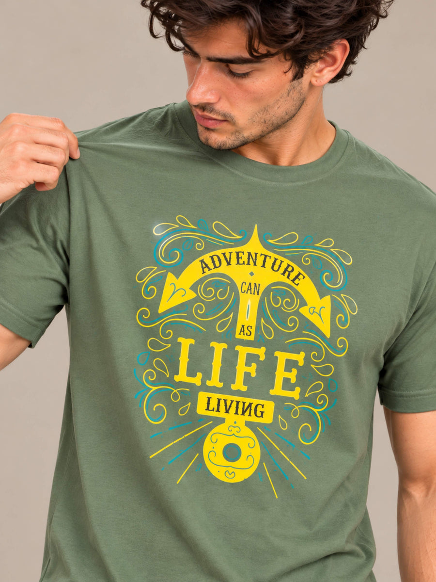 OFFBEAT Living Life Is An Adventure. - Olive Green t-shirt, focused view