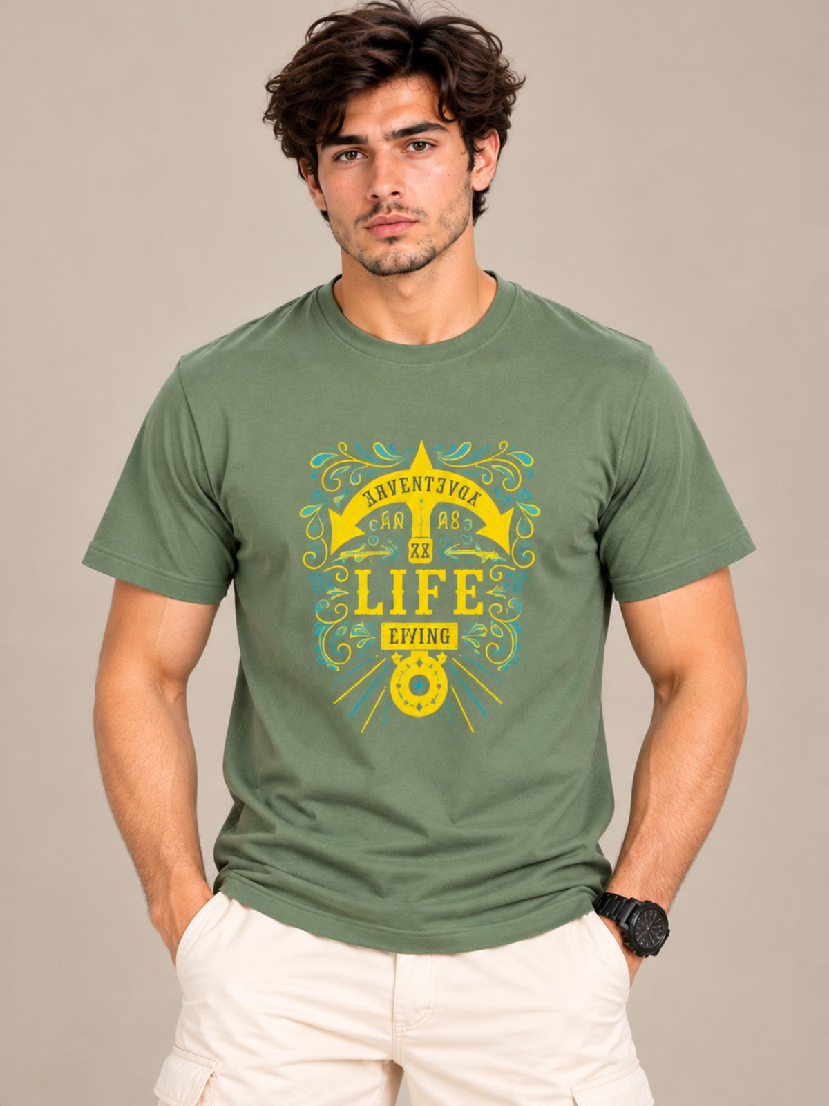 OFFBEAT Living Life Is An Adventure. - Olive Green t-shirt, front view