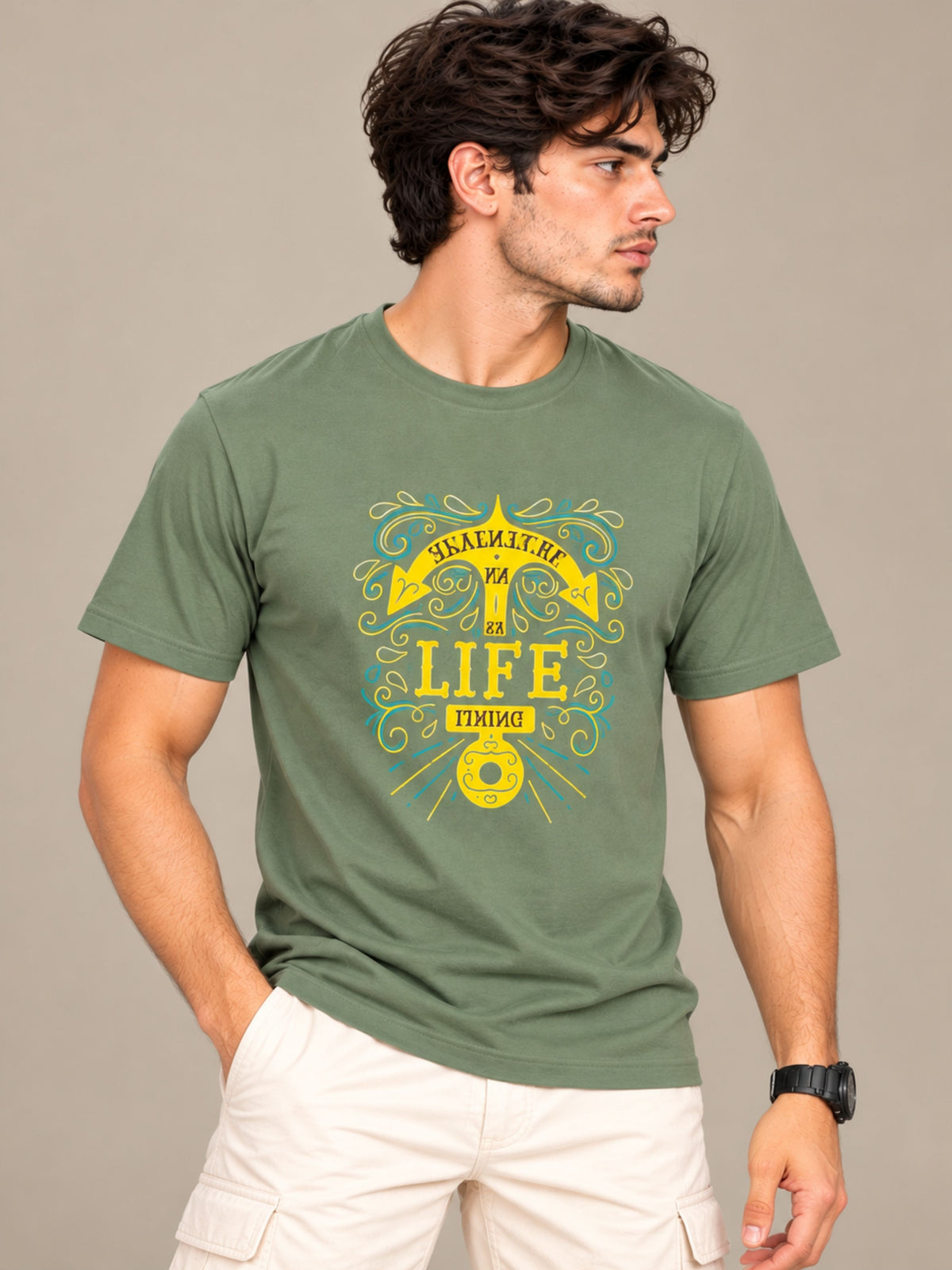OFFBEAT Living Life Is An Adventure. - Olive Green t-shirt, left view