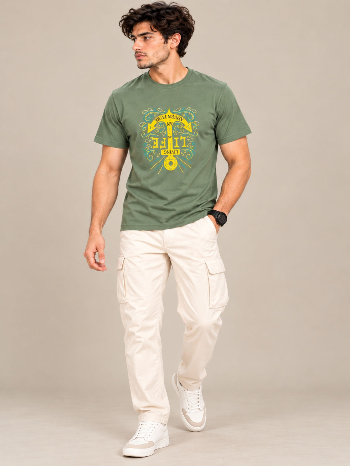 OFFBEAT Living Life Is An Adventure. - Olive Green t-shirt, lifestyle view