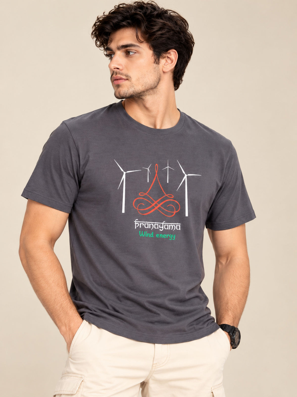 OFFBEAT Pranayama Wind Energy - C Grey t-shirt, front view