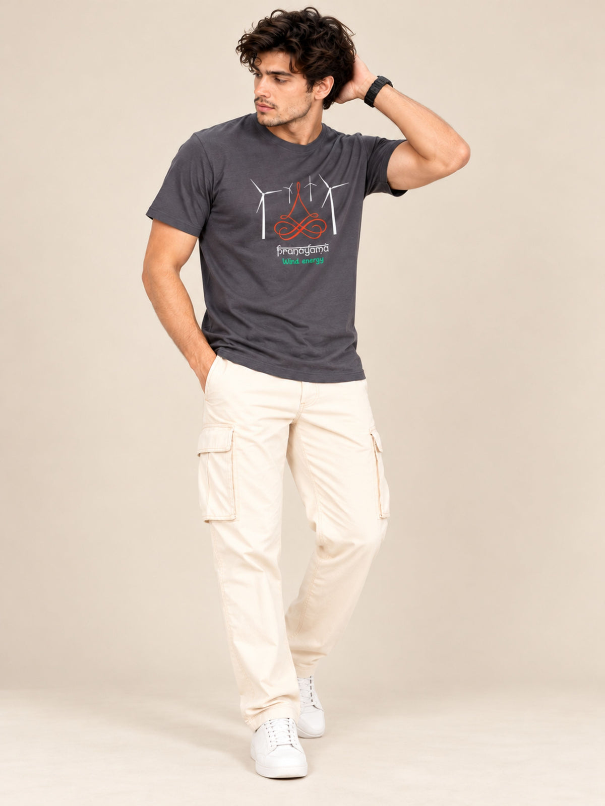 OFFBEAT Pranayama Wind Energy - C Grey t-shirt, lifestyle view
