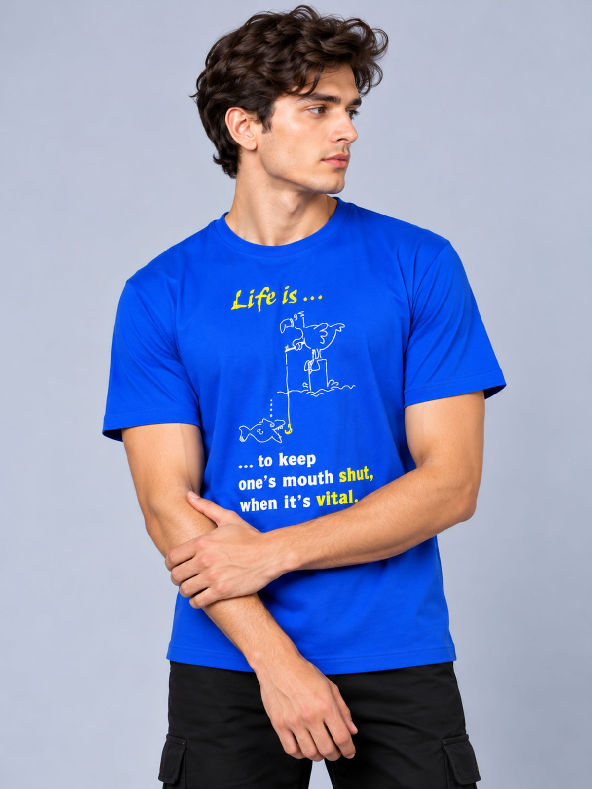 OFFBEAT Life Is… To Keep One's Mouth Shut, When It's Vital - Royal Blue t-shirt, left view