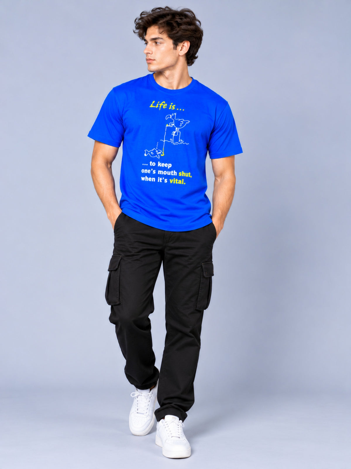 OFFBEAT Life Is… To Keep One's Mouth Shut, When It's Vital - Royal Blue t-shirt, lifestyle view