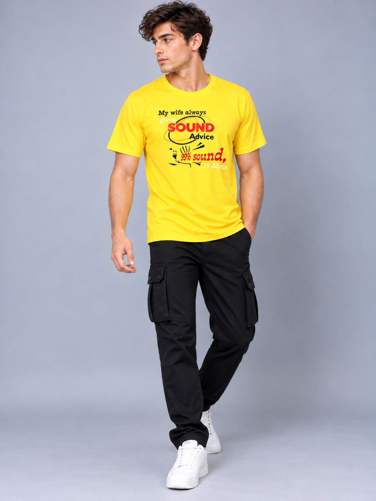 OFFBEAT My Wife Always Gives Sound Advice 99% Sound,1% Advice - Golden Yellow t-shirt, lifestyle view