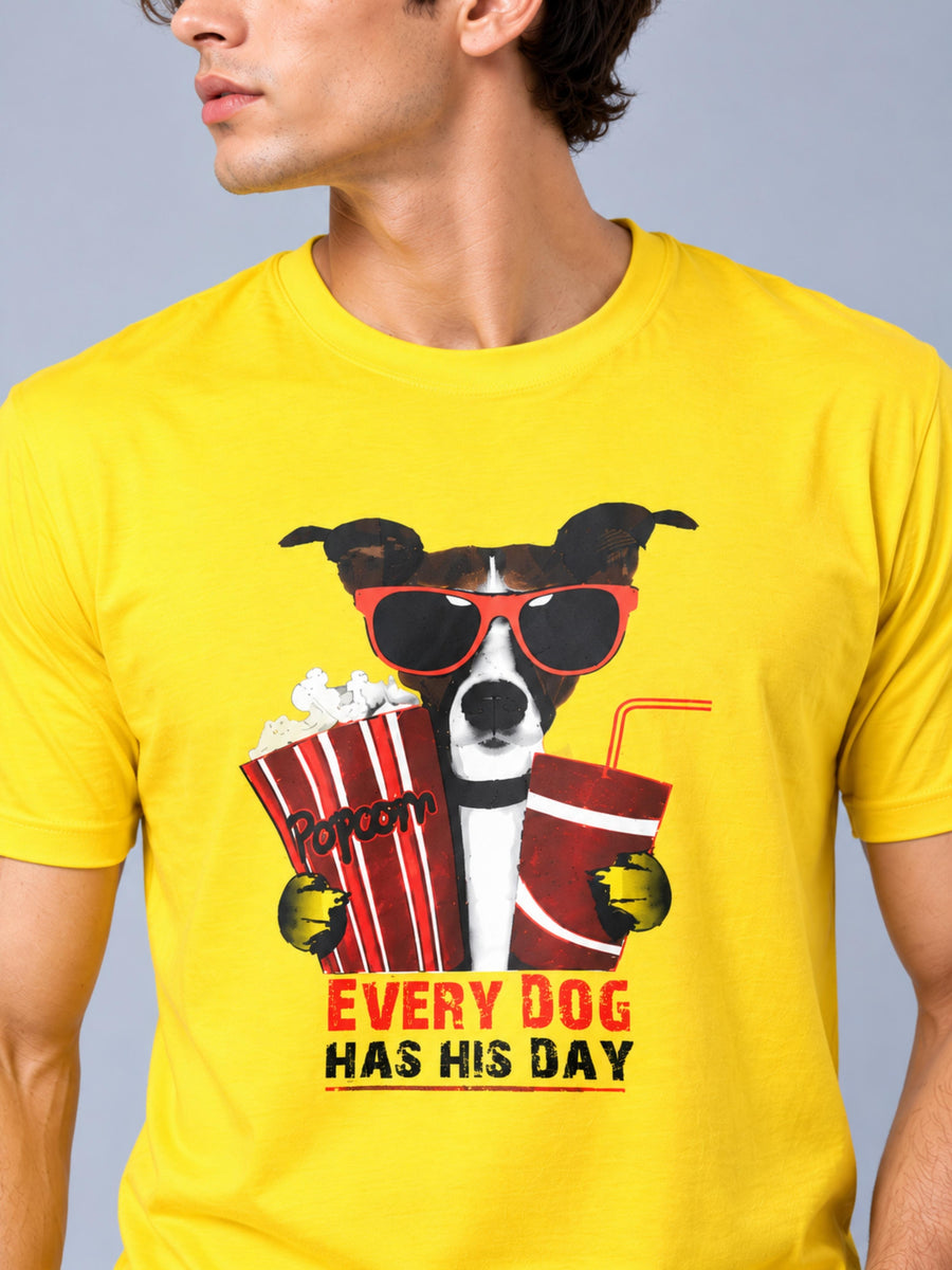 OFFBEAT Every Dog Has His Day - Golden Yellow t-shirt, focused view