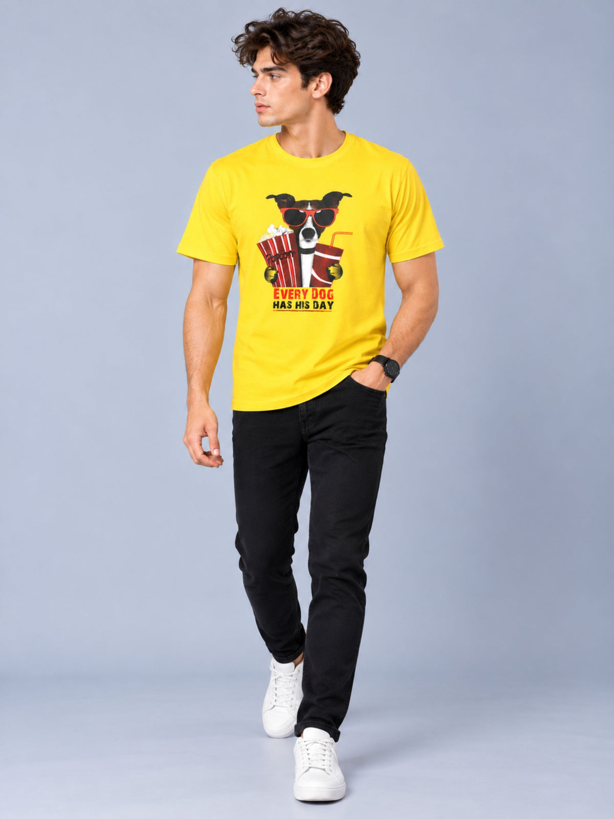 OFFBEAT Every Dog Has His Day - Golden Yellow t-shirt, lifestyle view