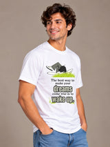 The Best Way To Make Your Dreams Come True Is To Wake Up white t-shirt by Offbeat, right side
