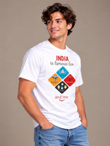 India Is Famous For: Taj Mahal, Elephants, Spirituality, Variety And Me white t-shirt by Offbeat, right side