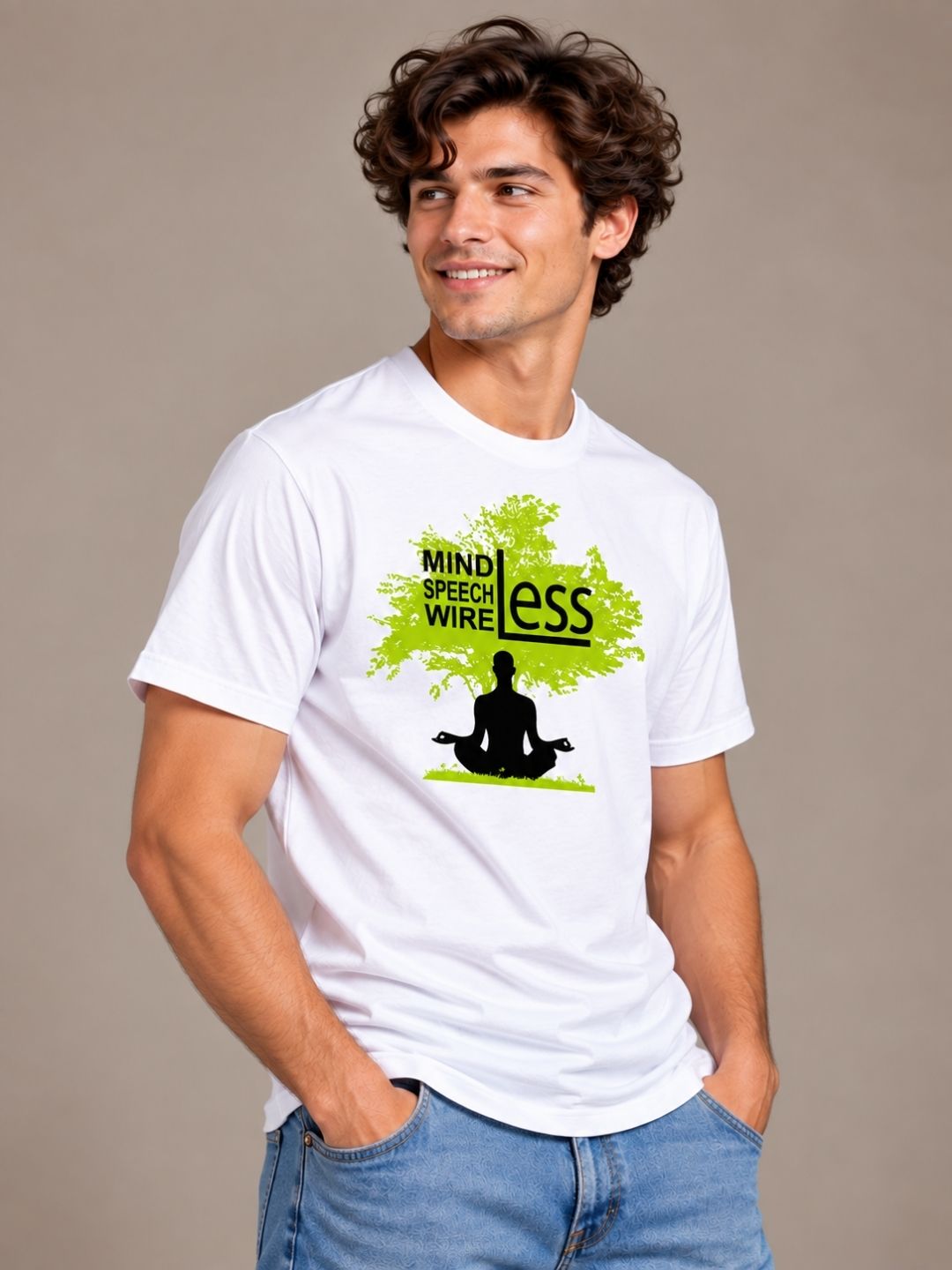 Mindless, Speechless, Wireless white t-shirt by Offbeat, right side