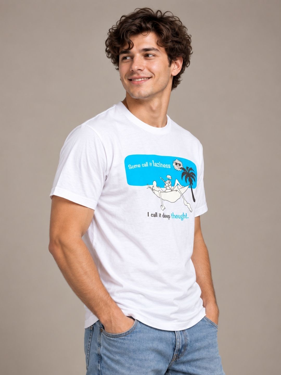 Some Call It Laziness, I Call It Deep Thought white t-shirt by Offbeat, right side