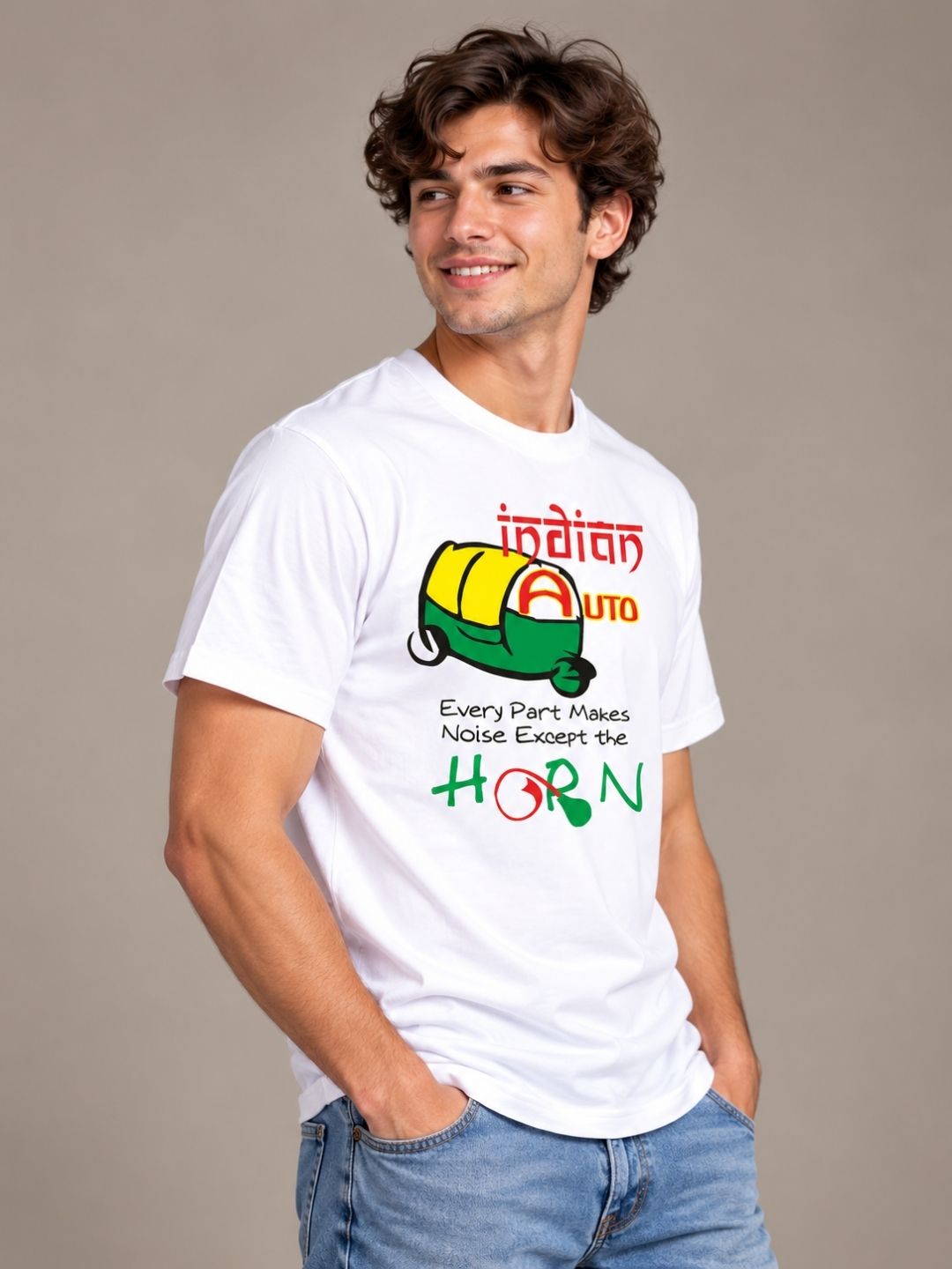 Indian Auto: Every Part Makes Noise Except The Horn white t-shirt by Offbeat, right side