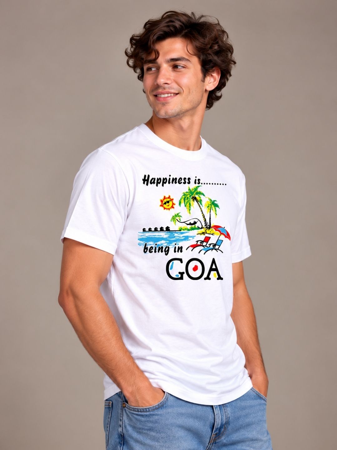 Happiness Is Being In Goa white t-shirt by Offbeat, right side
