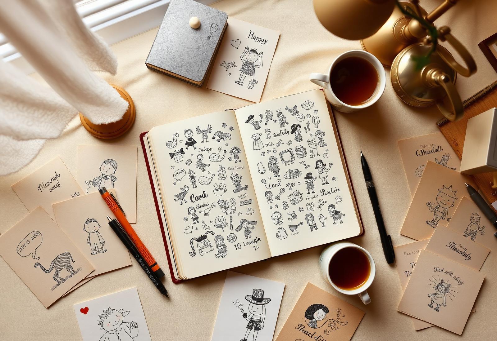 A cartoonist's sketchbook with early Offbeat greeting card ideas