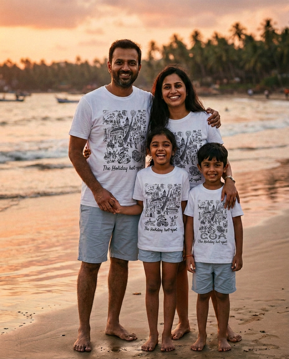 Indian family of four on a Goa beach at sunset, all wearing matching white Offbeat GOA T-shirts