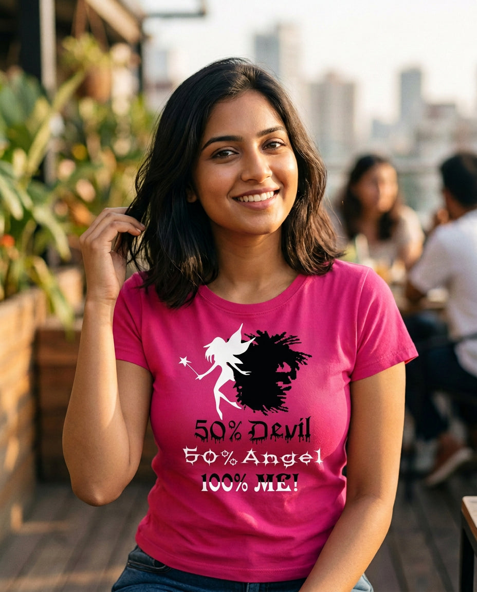 Young woman wearing an Offbeat LT 031 magenta T-shirt with '50% Devil 50% Angel 100% Me' graphic
